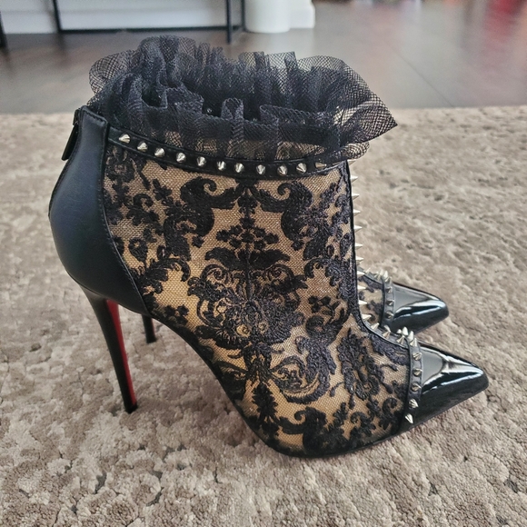 Christian Louboutin Pigalla 100 Lace Tulle Spiked Studded Boot 37.5 - Picture 8 of 13